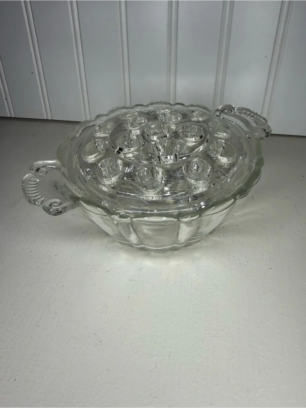 Vintage Anchor Hocking Old Cafe 16 hole clear glass Flower Frog bowl, circa 1930